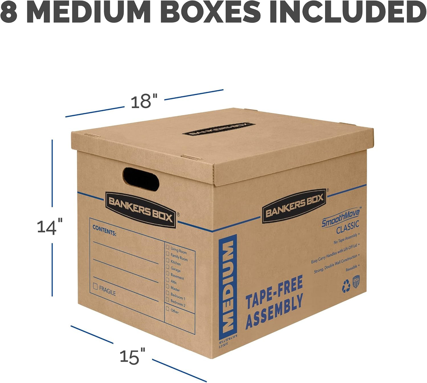 Bankers Box 8-Pack Medium Classic Moving Boxes with Reinforced Handles | Make packing faster with medium moving boxes that balance capacity, strength, and easy carrying.