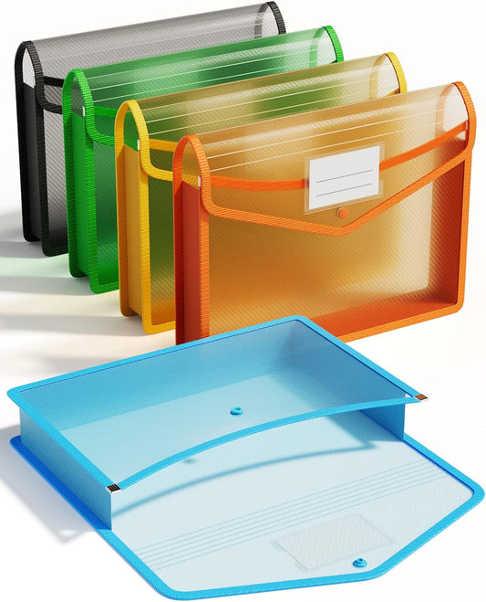 ThinkTex Plastic Expanding File Folder, Transparent Envelopes with Snap | No Dividers, Large Capacity, Assorted Colors, Fits Letter / A4 Size - 5 Pack