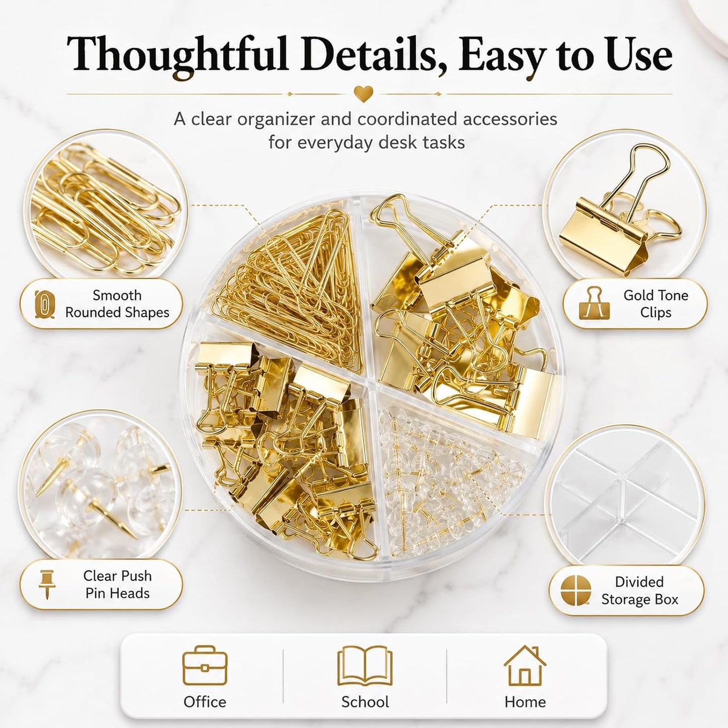 Paper Clips Binder Push Pin Set, Assorted Sized Binder Clips | Cute Office Supplies, Aesthetic Desk Accessories Teachers Desk Must Have, Paper Clips and Binder Clips Set, Gold, 1 Pack