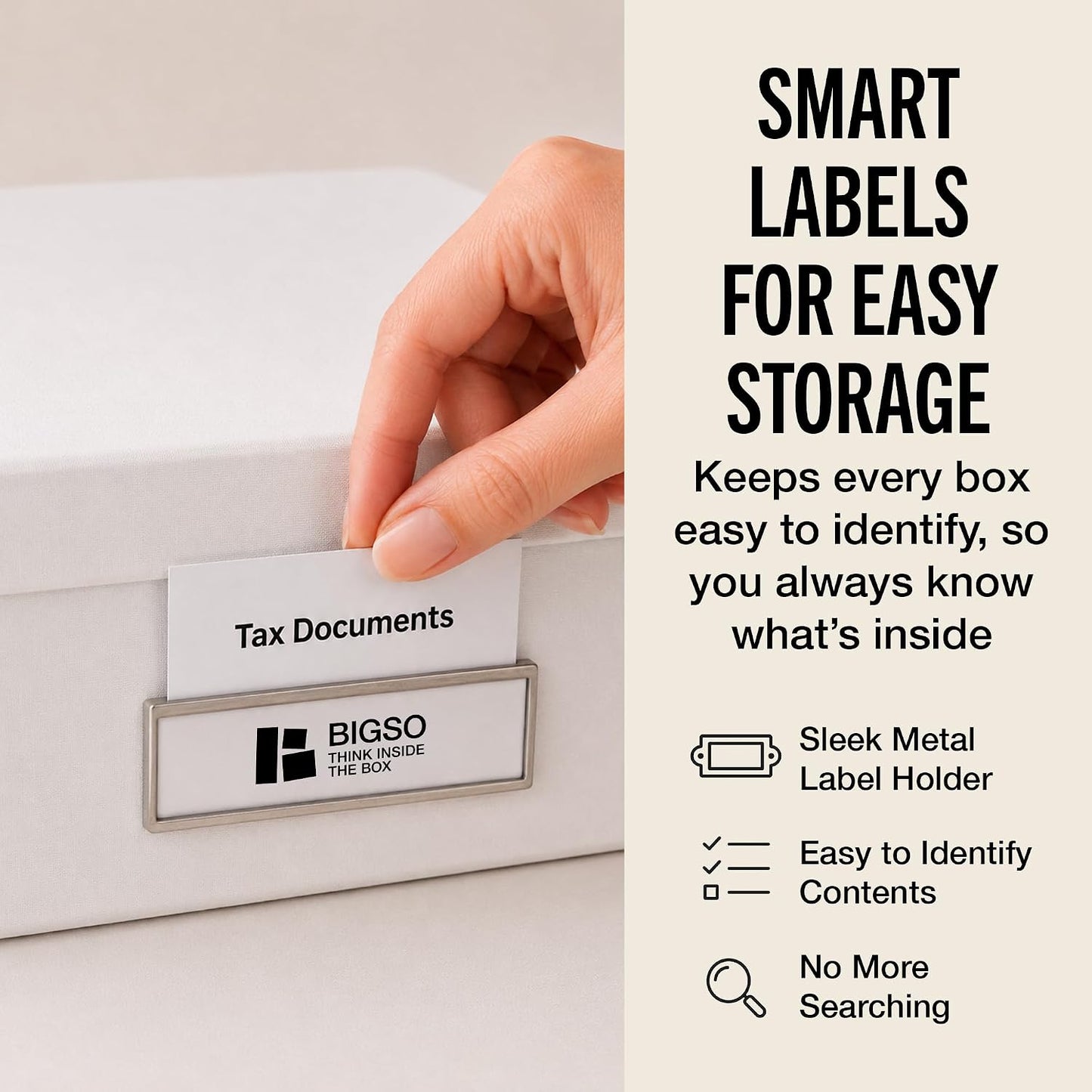 Bigso Oskar Fiberboard Label Frame Document Letter Box - File Organizer Box for Important Paperwork - Durable Document Storage with a Lid & Metal Label Window - 3.3 in x 10.2 in x 13.8 in - White