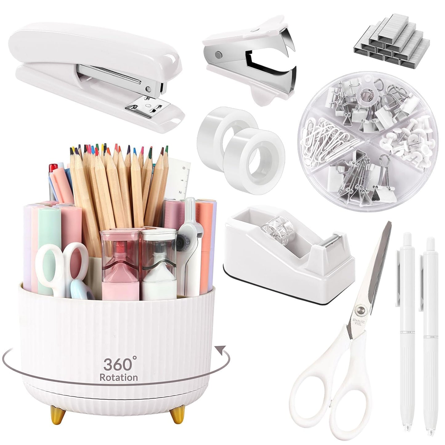 SKYDUE Pink Desk Accessories 10Pcs, Rotating Pen Holder for Desk, Stapler, Staple Remover, Tape Dispenser,2pcs Tape Refills, Binder Paper Clips Kit, Scissor,Pink Office School Supplies
