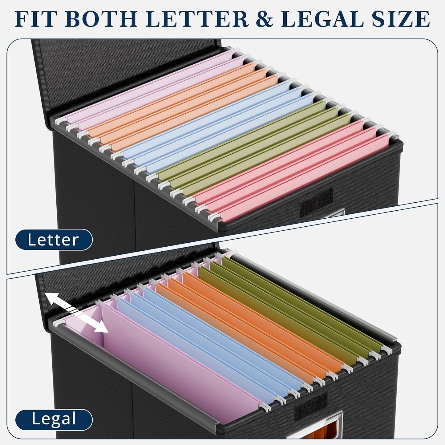 File Organizer Box with Lids, Collapsible File Folder Organizer | File Box with Plastic Slides for Office Document Storage, Filing Bin for Letter Size Hanging File Folders (1 Pack, Black)