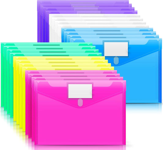 Sooez 24 Pack File Folders, Clear Poly Envelopes Plastic Folders A4 Pouch | Folder for Documents Letter A4 Size with Label Pocket, Teacher School Office Supplies Organization Storage, Assorted Color