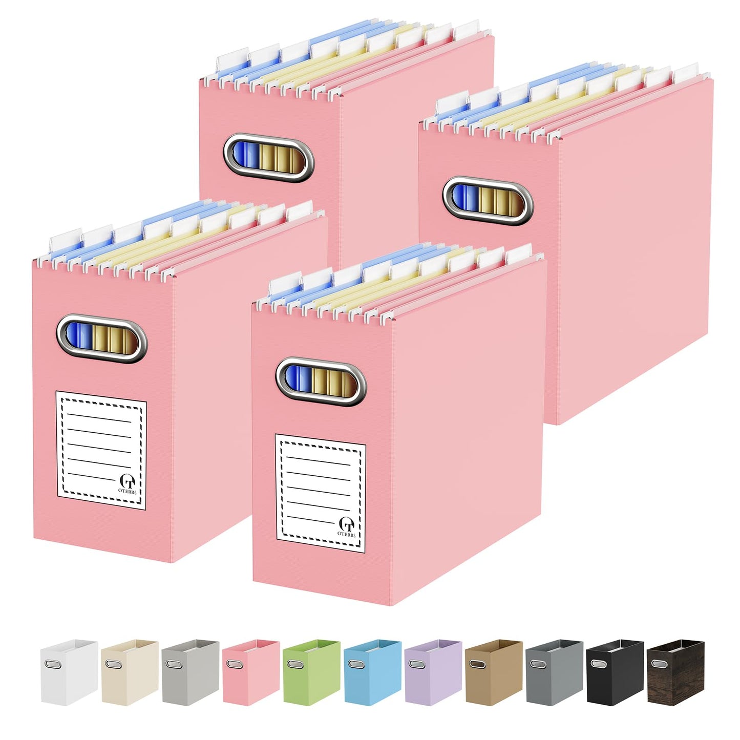 Portable Collapsible Cardboard File Box with Handle for Letter-Size | 4-Pack. Stainless Steel Handle. Label Stickers Included. Fits Letter Folders (Not Included). Home, Office, School, Dorm, Tax.