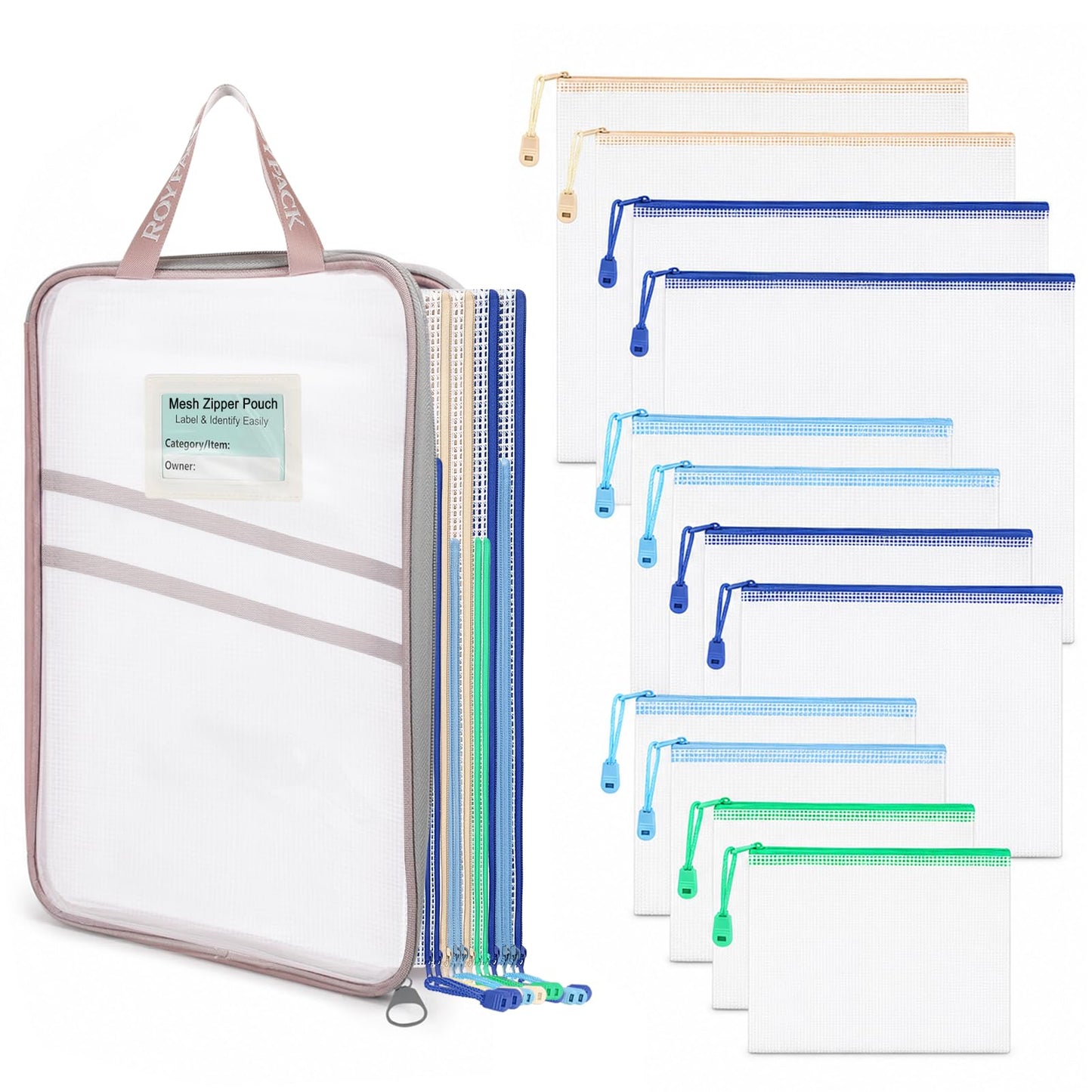7 Pack PVC Mesh Zipper Pouch Set with 1 Organizer Bag, 8pcs | A4/Letter Size Translucent File Bags Water-Resistant Plastic Document Pouches for Office College School & Travel Supplies