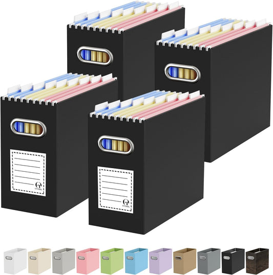 Portable Collapsible Cardboard File Box with Handle for Letter-Size | 4-Pack. Stainless Steel Handle. Label Stickers Included. Fits Letter Folders (Not Included). Home, Office, School, Dorm, Tax.