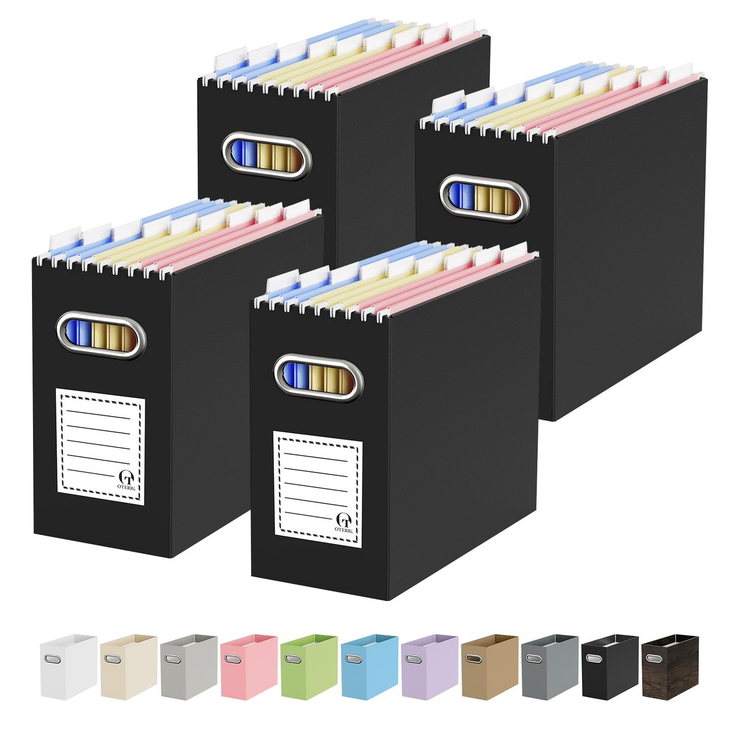 Portable Collapsible Cardboard File Box with Handle for Letter-Size | 4-Pack. Stainless Steel Handle. Label Stickers Included. Fits Letter Folders (Not Included). Home, Office, School, Dorm, Tax.