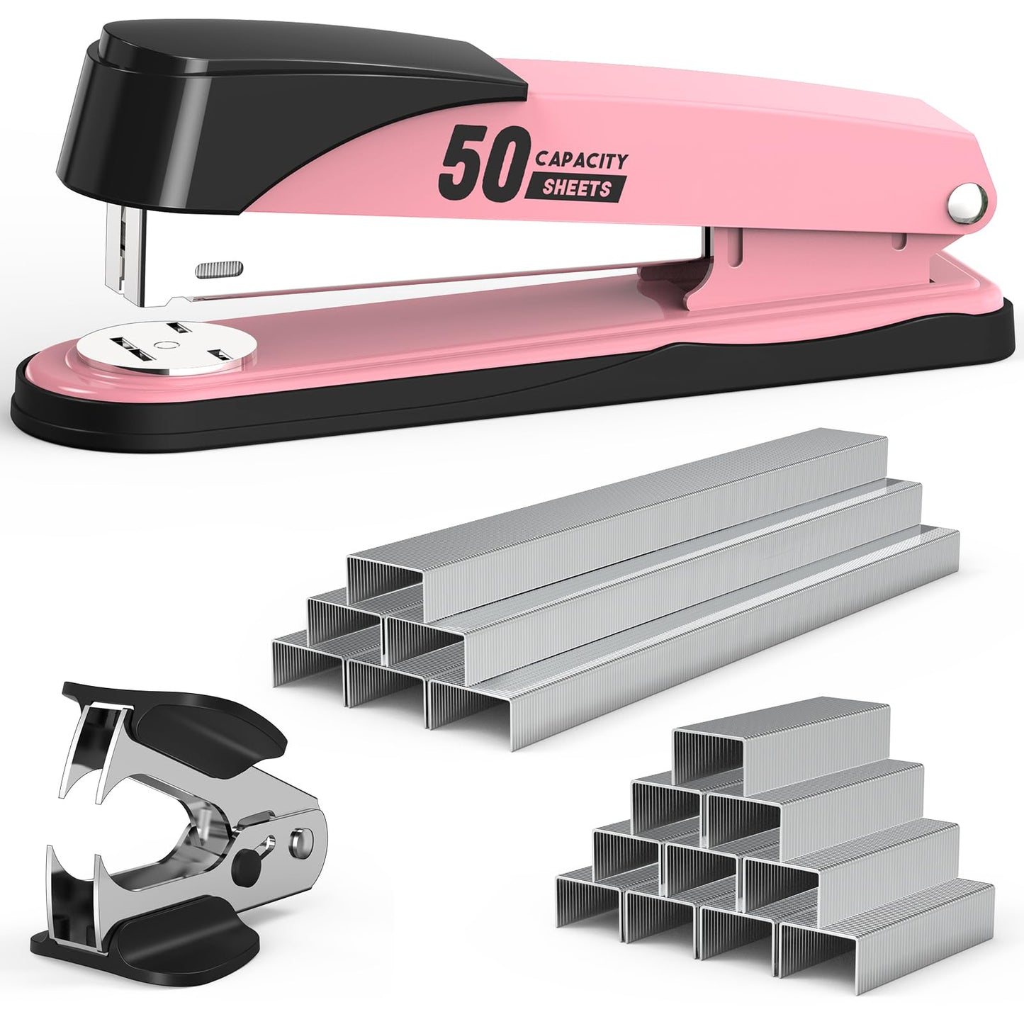 Metal Stapler Heavy Duty 50 Sheet Capacity with 1750 Staples and Staple Remover, Full Strip Staplers for Desk, No Jam, Non-Slip for Office & Classroom, Black
