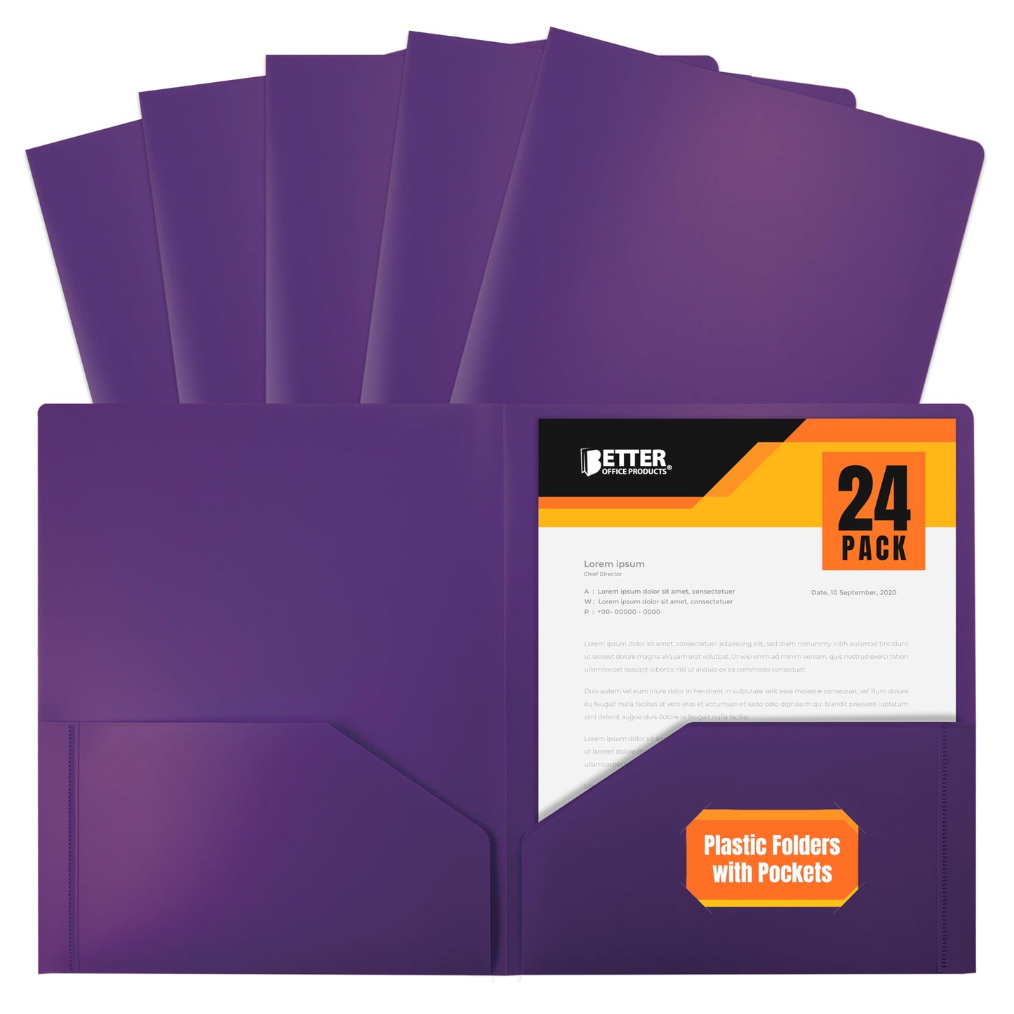Better Office Products Heavyweight Plastic 2 Pocket Portfolio Folder, Letter Size Poly Folders 24 Pack (Black)