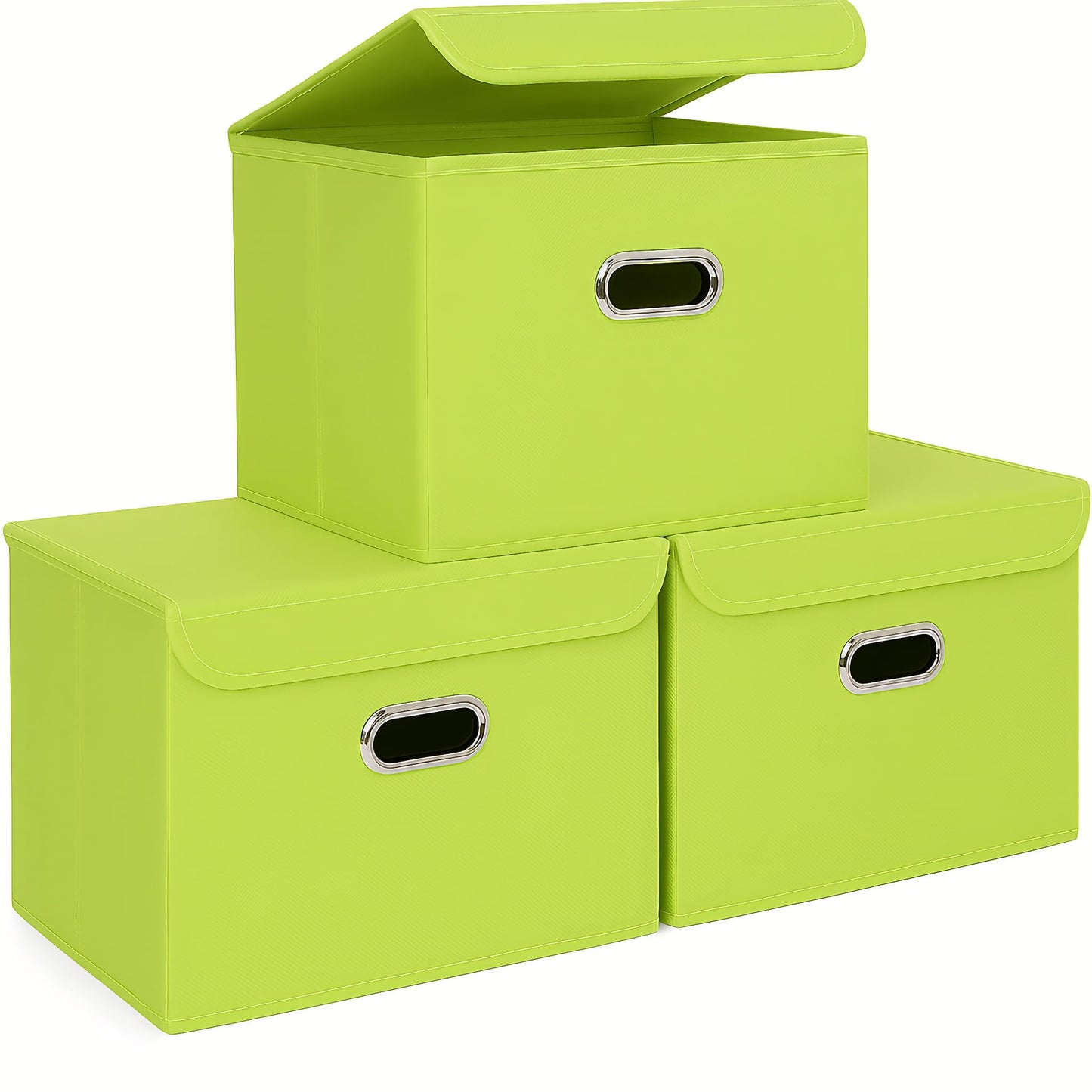 STOREONE Fabric Storage Cube Bins Foldable Organizer Container Collapsible Basket with Lids and Metal Handles, for Home, Bedroom, Closet (Black, 3 Pcs)