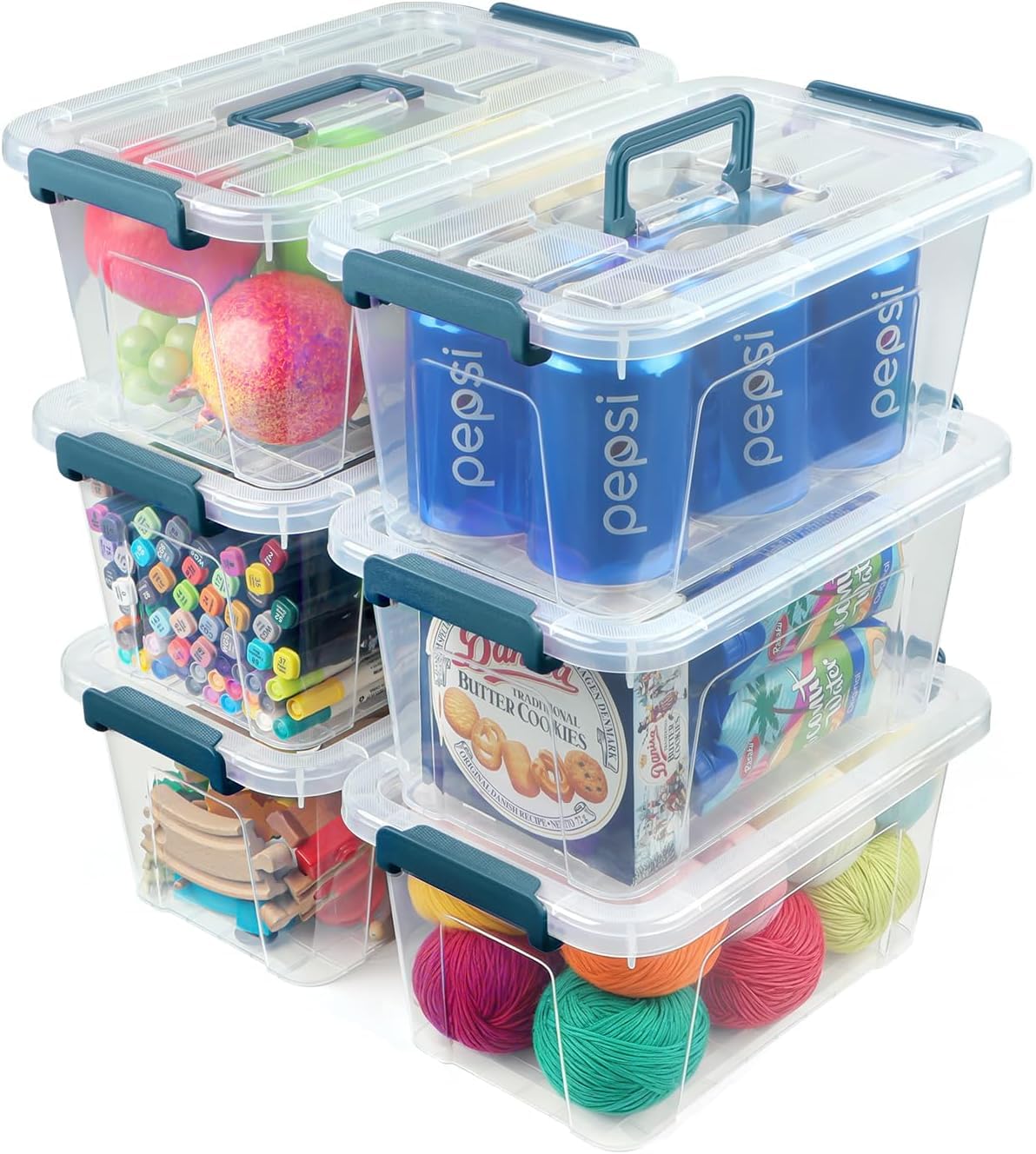 NUMIFUN 7Qt Clear Plastic Storage Bins with Lids,Transparent Design,6 Pack | Stackable organizing totes with buckle latches & handles.Dust-proof clear design for home,office & pantry space saving