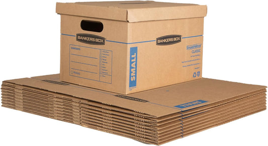 Bankers Box 10-Pack Small Classic Moving Boxes with Reinforced Handles | Pack books, files, and dense items with sturdy small boxes built for easy carrying and organized moves.