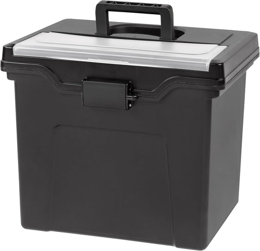 IRIS USA File Box Organizer with Lid, Letter File, Portable Handle, Black | Carry letter size files, documents and paperwork with a portable handle and secure lid for organized storage on the go