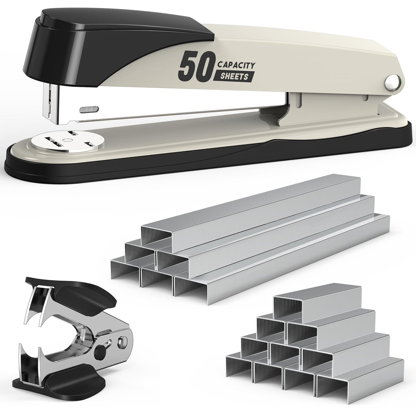Metal Stapler Heavy Duty 50 Sheet Capacity with 1750 Staples and Staple Remover, Full Strip Staplers for Desk, No Jam, Non-Slip for Office & Classroom, Black