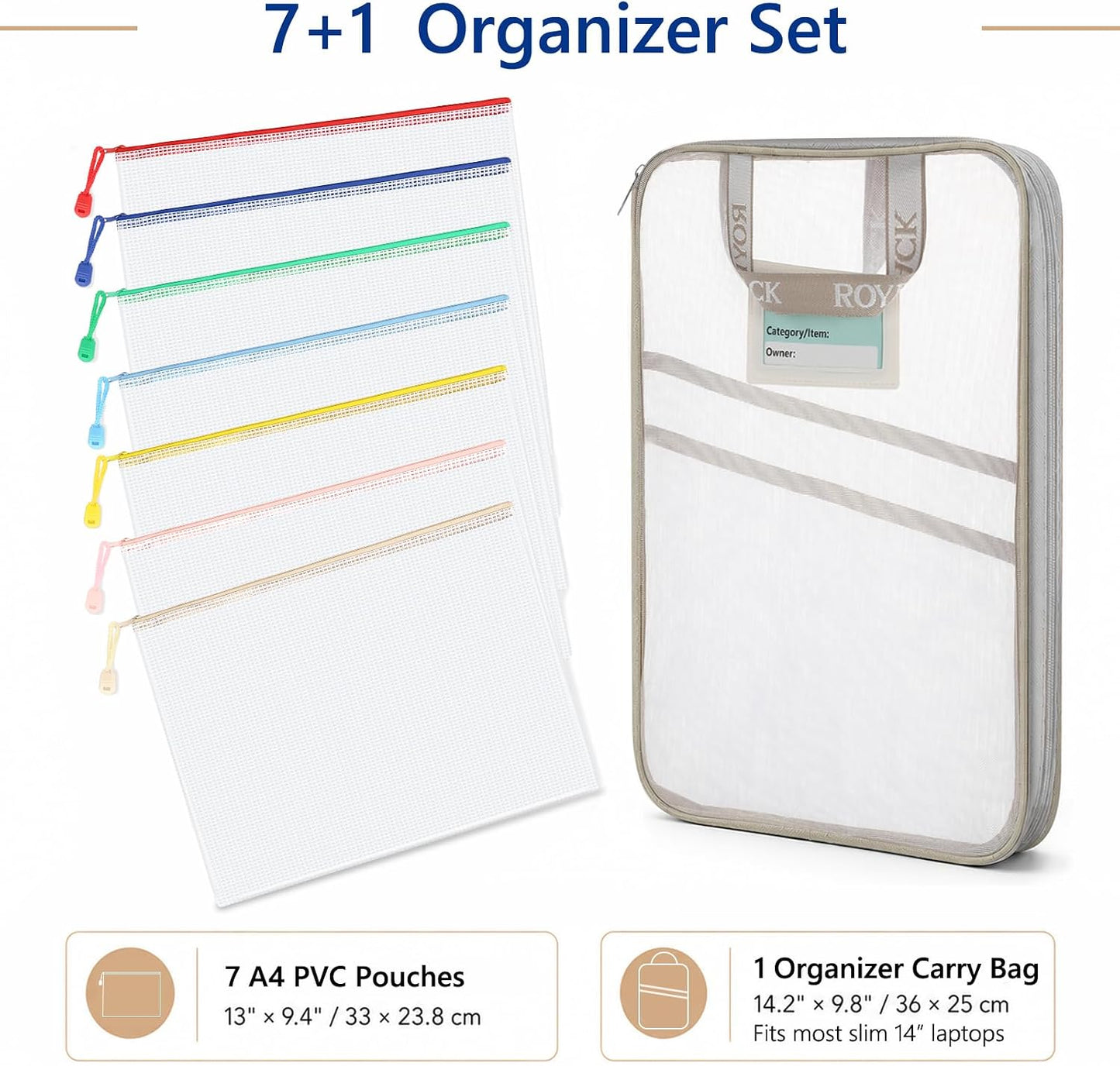 7 Pack PVC Mesh Zipper Pouch Set with 1 Organizer Bag, 8pcs | A4/Letter Size Translucent File Bags Water-Resistant Plastic Document Pouches for Office College School & Travel Supplies