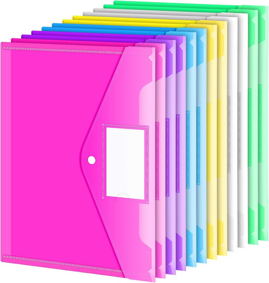 Sooez 12 Pack Folders Plastic Envelopes with Snap Closure, Clear Plastic File Folder for Document, Letter A4 Size Poly File Envelopes with Label Pocket for Home Work Office Organizer, 6 Colors