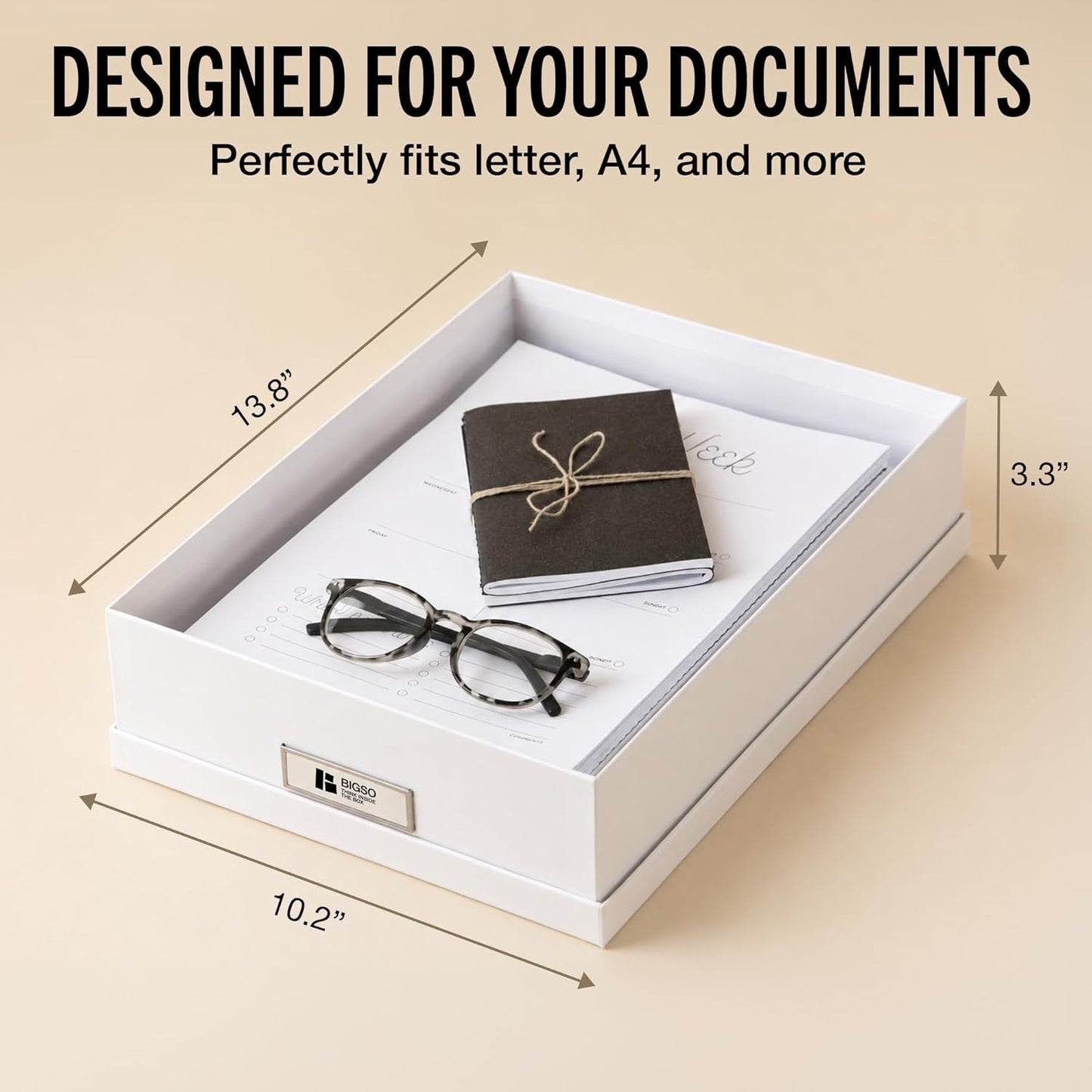 Bigso Oskar Fiberboard Label Frame Document Letter Box - File Organizer Box for Important Paperwork - Durable Document Storage with a Lid & Metal Label Window - 3.3 in x 10.2 in x 13.8 in - White