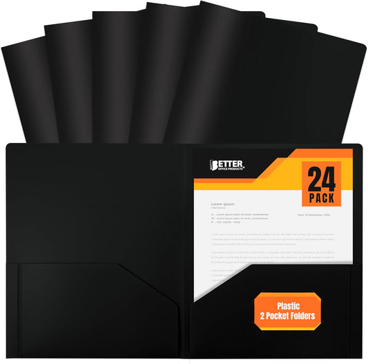 Better Office Products Heavyweight Plastic 2 Pocket Portfolio Folder, Letter Size Poly Folders 24 Pack (Black)