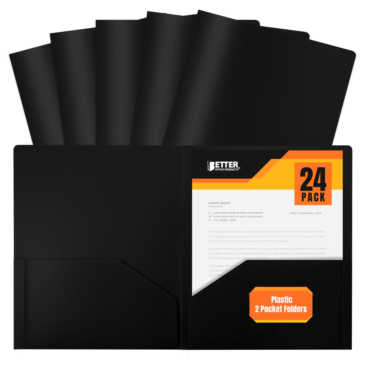Better Office Products Heavyweight Plastic 2 Pocket Portfolio Folder, Letter Size Poly Folders 24 Pack (Black)
