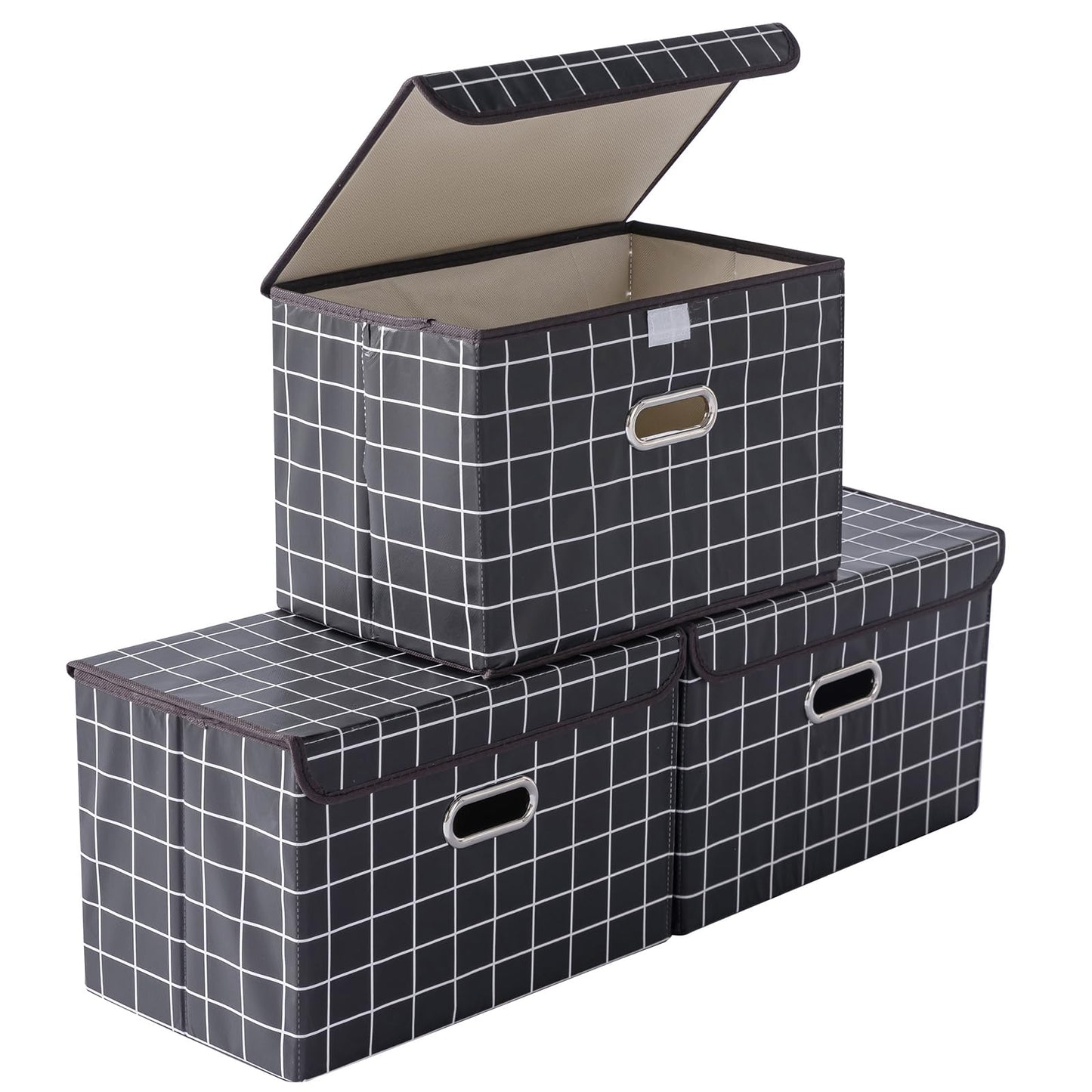 STOREONE Fabric Storage Cube Bins Foldable Organizer Container Collapsible Basket with Lids and Metal Handles, for Home, Bedroom, Closet (Black, 3 Pcs)