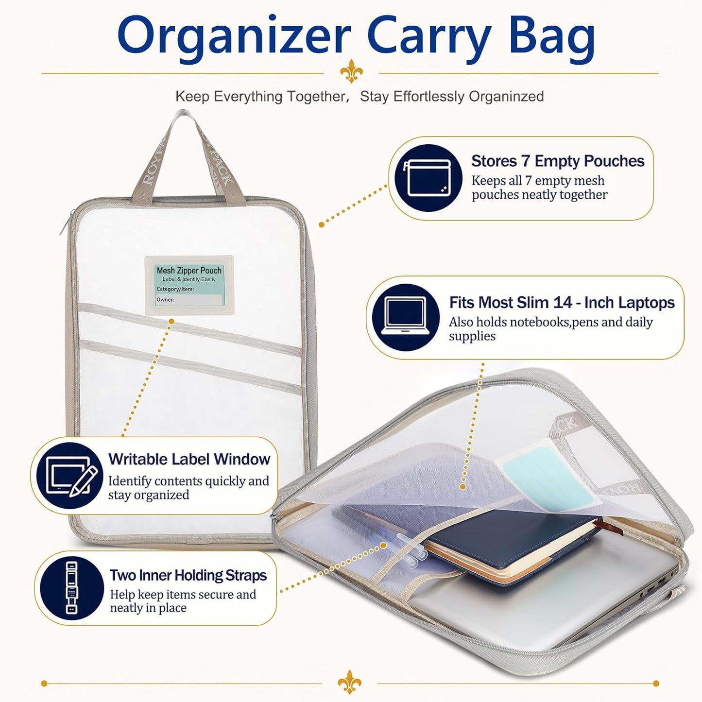 7 Pack PVC Mesh Zipper Pouch Set with 1 Organizer Bag, 8pcs | A4/Letter Size Translucent File Bags Water-Resistant Plastic Document Pouches for Office College School & Travel Supplies