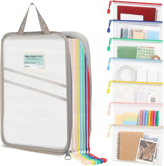 7 Pack PVC Mesh Zipper Pouch Set with 1 Organizer Bag, 8pcs | A4/Letter Size Translucent File Bags Water-Resistant Plastic Document Pouches for Office College School & Travel Supplies