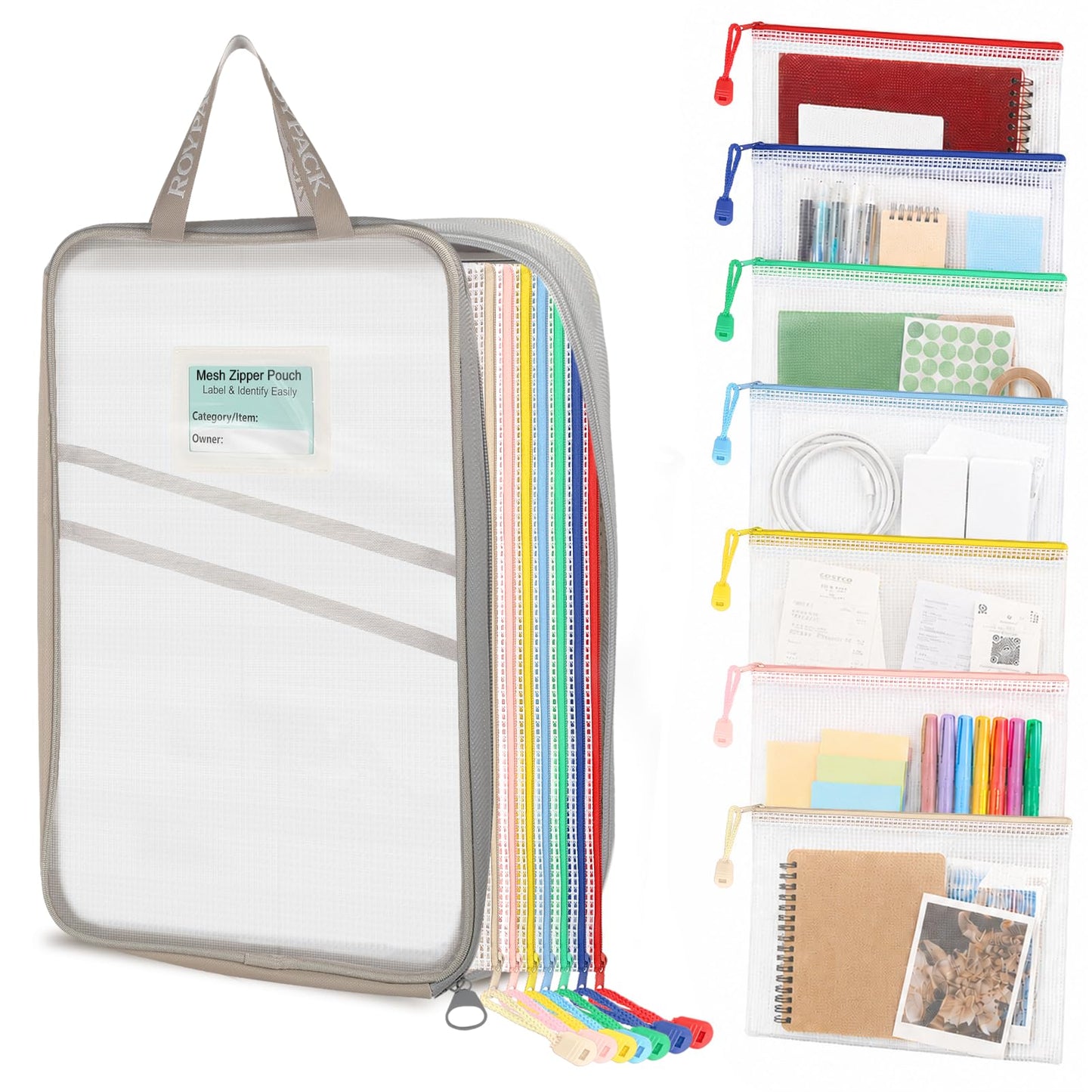 7 Pack PVC Mesh Zipper Pouch Set with 1 Organizer Bag, 8pcs | A4/Letter Size Translucent File Bags Water-Resistant Plastic Document Pouches for Office College School & Travel Supplies