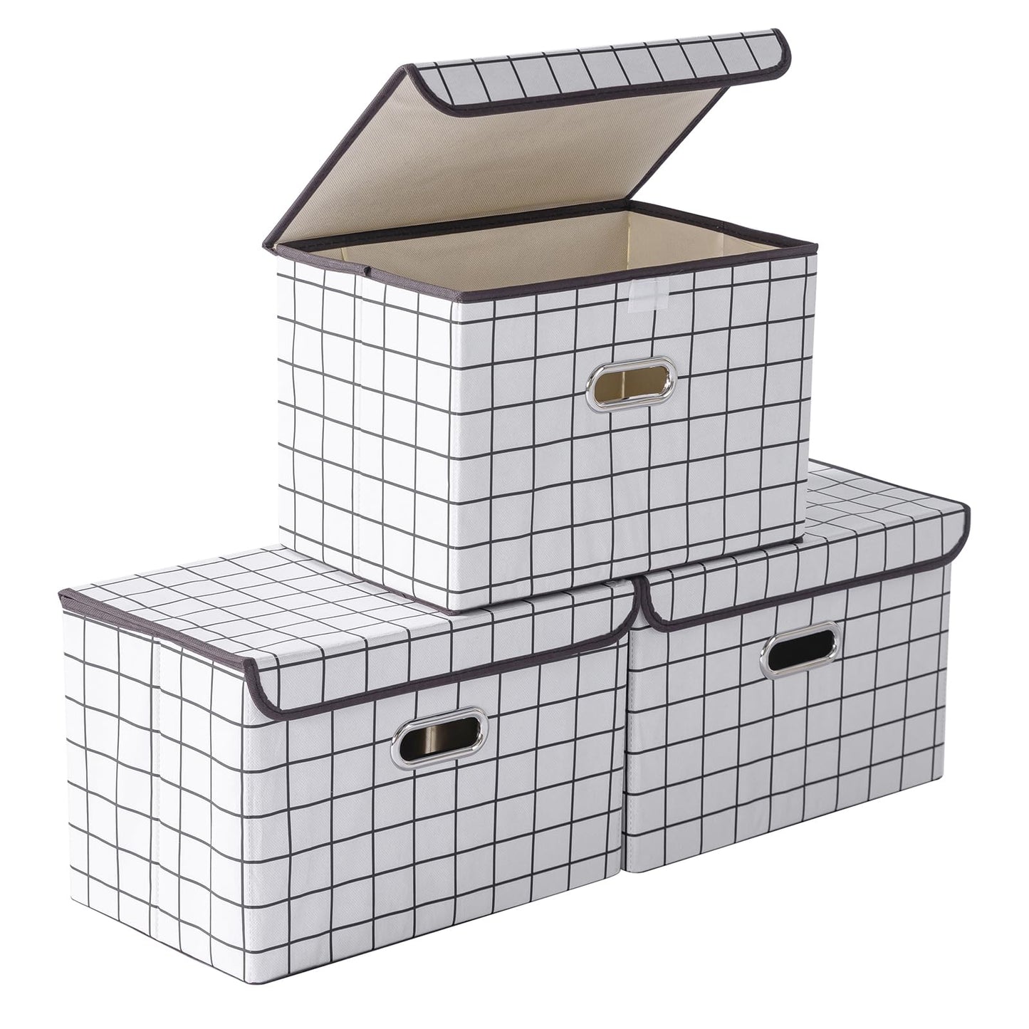 STOREONE Fabric Storage Cube Bins Foldable Organizer Container Collapsible Basket with Lids and Metal Handles, for Home, Bedroom, Closet (Black, 3 Pcs)