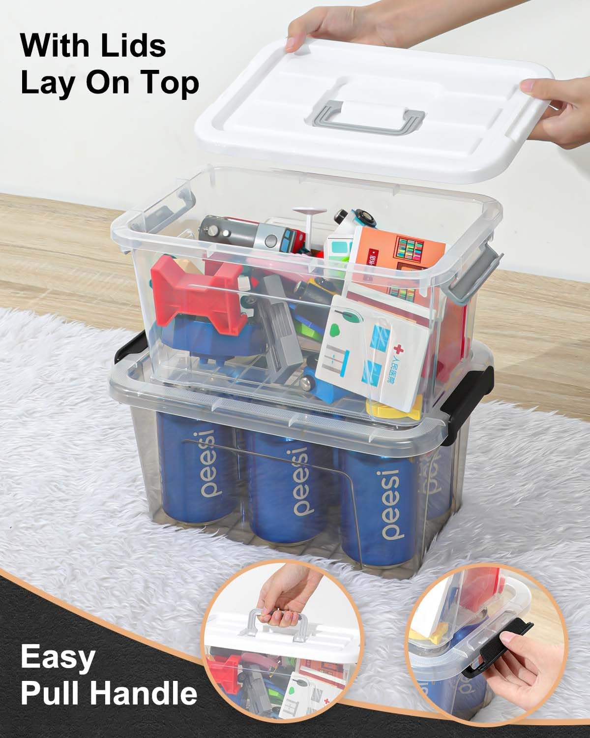NUMIFUN 7Qt Clear Plastic Storage Bins with Lids,Transparent Design,6 Pack | Stackable organizing totes with buckle latches & handles.Dust-proof clear design for home,office & pantry space saving