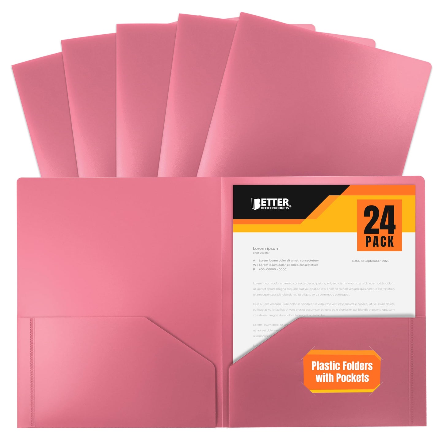 Better Office Products Heavyweight Plastic 2 Pocket Portfolio Folder, Letter Size Poly Folders 24 Pack (Black)