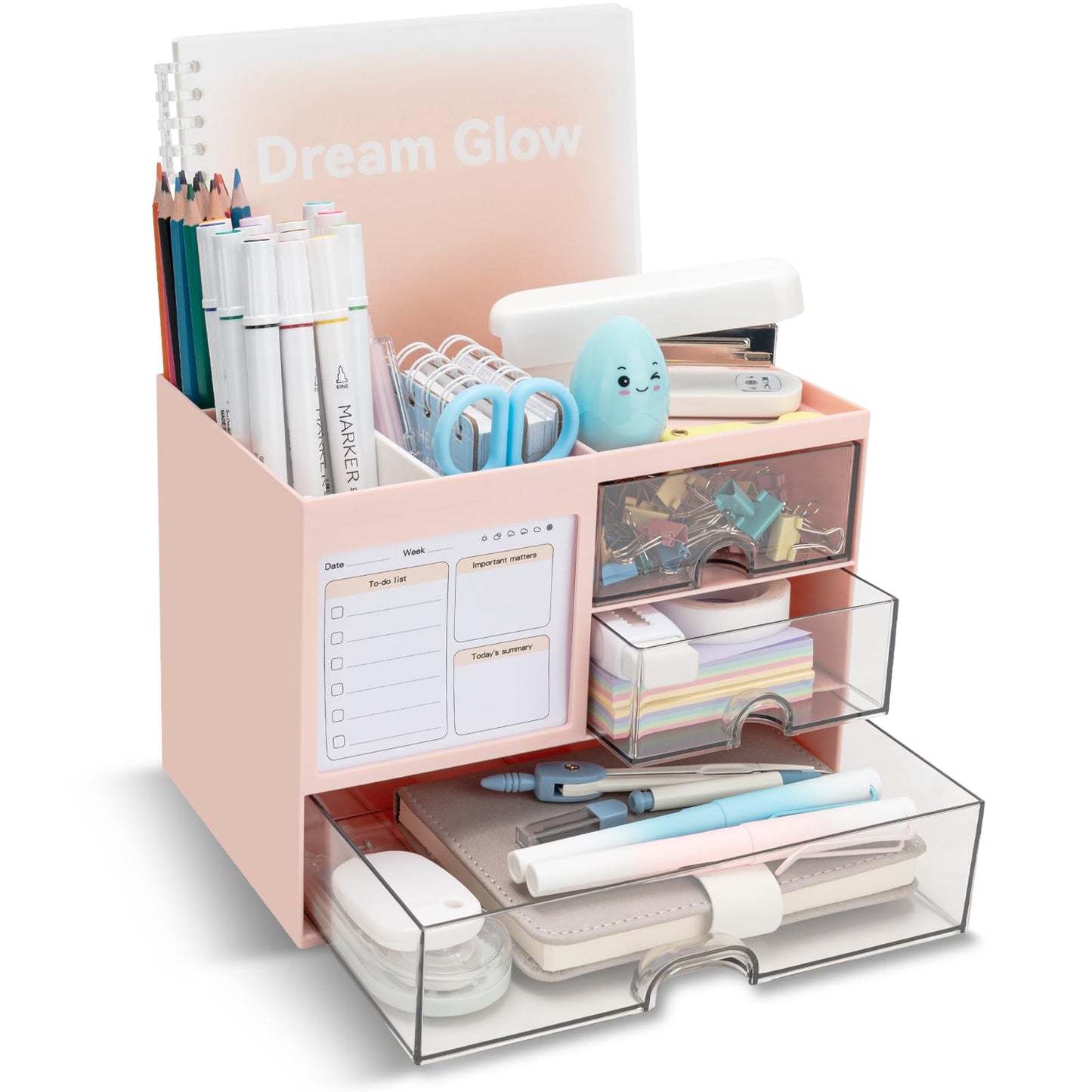 QIYVLOS Desk Organizer with 3 Drawer, Multi-Functional Pencil Pen Holder for Desk, Desk Organizers and Storage with 8 Compartments, Desktop Organizer for Office Home Art Supplies (White)