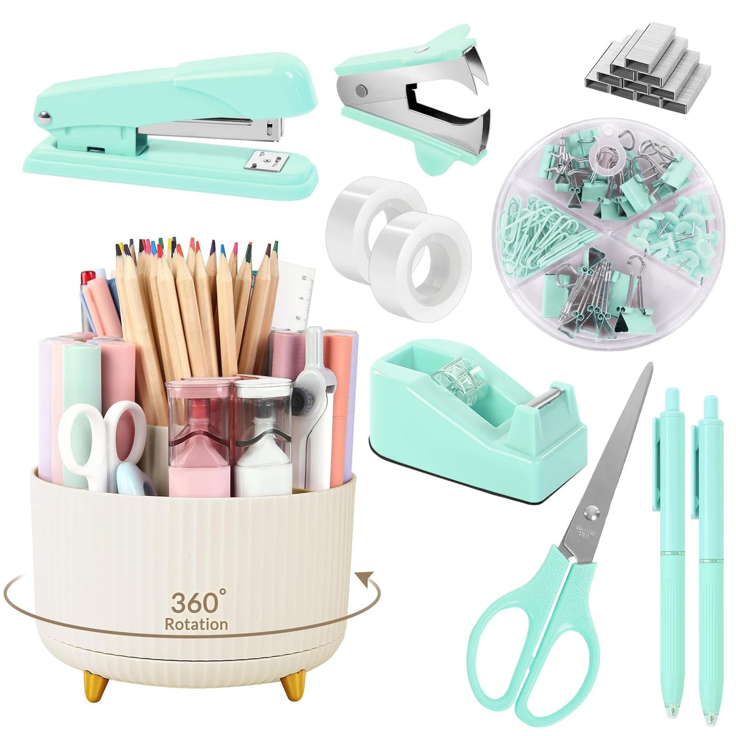 SKYDUE Pink Desk Accessories 10Pcs, Rotating Pen Holder for Desk, Stapler, Staple Remover, Tape Dispenser,2pcs Tape Refills, Binder Paper Clips Kit, Scissor,Pink Office School Supplies