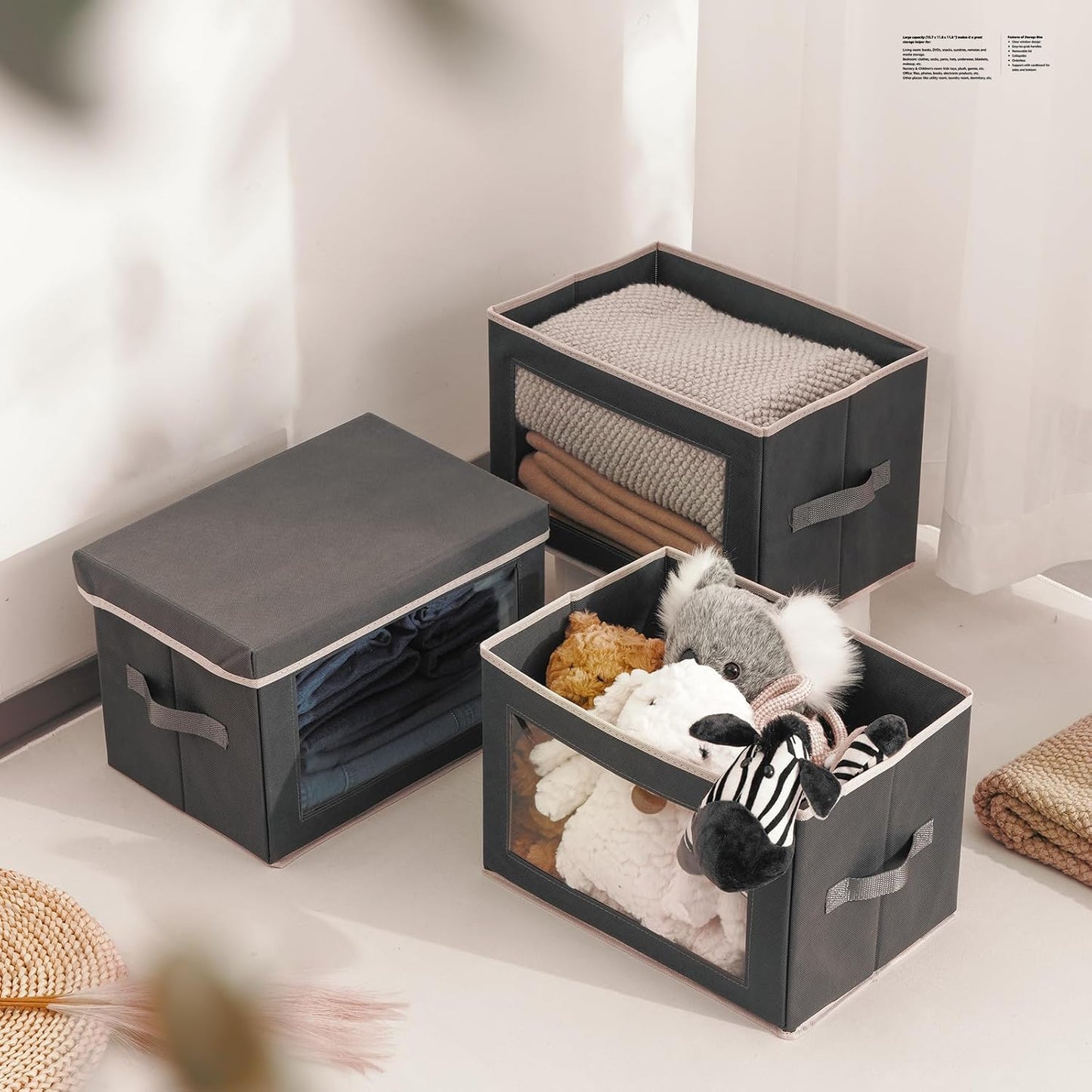 Storage Bins with Lids - Fabric Storage Boxe with Window, Collapsible Closet Organizers with Handles, 3 Pack Decorative Bin, Home Cubes Baskets for Clothes, Hat, Books, Dark Grey