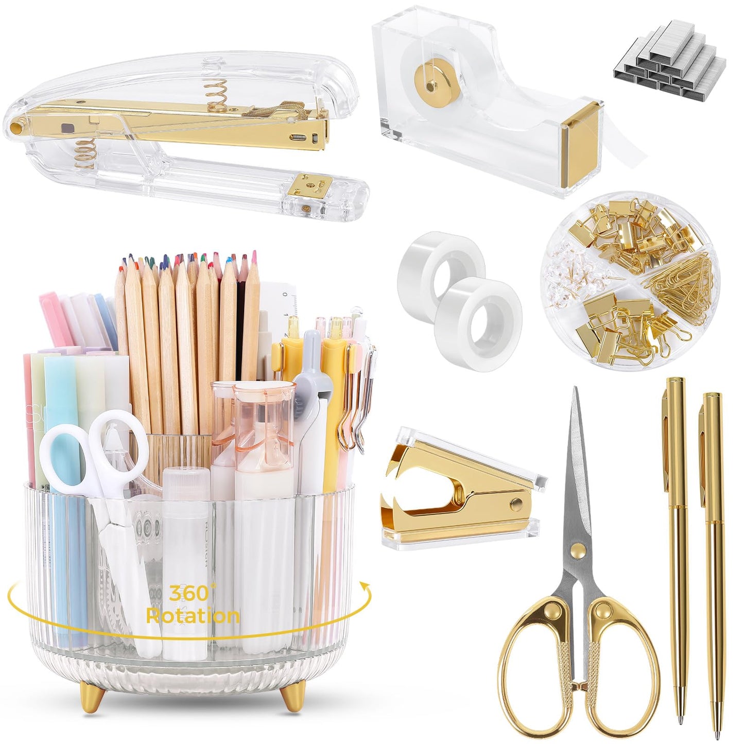SKYDUE Pink Desk Accessories 10Pcs, Rotating Pen Holder for Desk, Stapler, Staple Remover, Tape Dispenser,2pcs Tape Refills, Binder Paper Clips Kit, Scissor,Pink Office School Supplies