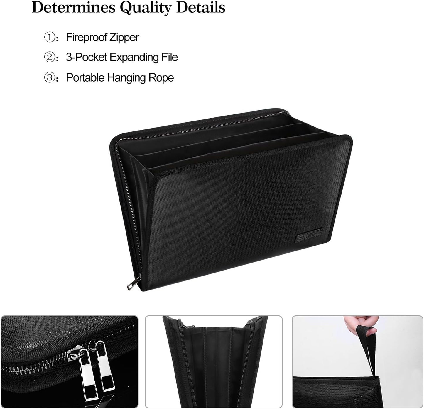 ENGPOW Fireproof Expanding File Folder, 3 Pockets Document Organizer Bag | File Organizer with Zipper＆Labels,Portable Wallet Pouch,Home Travel Safe Storage for A4/Letter Size Paper and More,Black