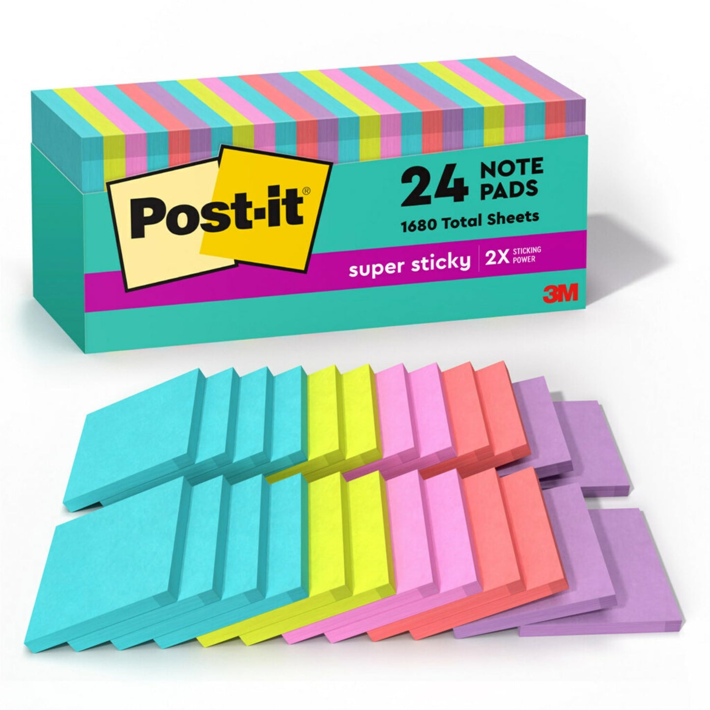 Post-it Super Sticky Notes, 3 x 3 in, Supernova Neons, 24 Pads | School Supplies and Oﬃce Supplies, 2X the Sticking Power