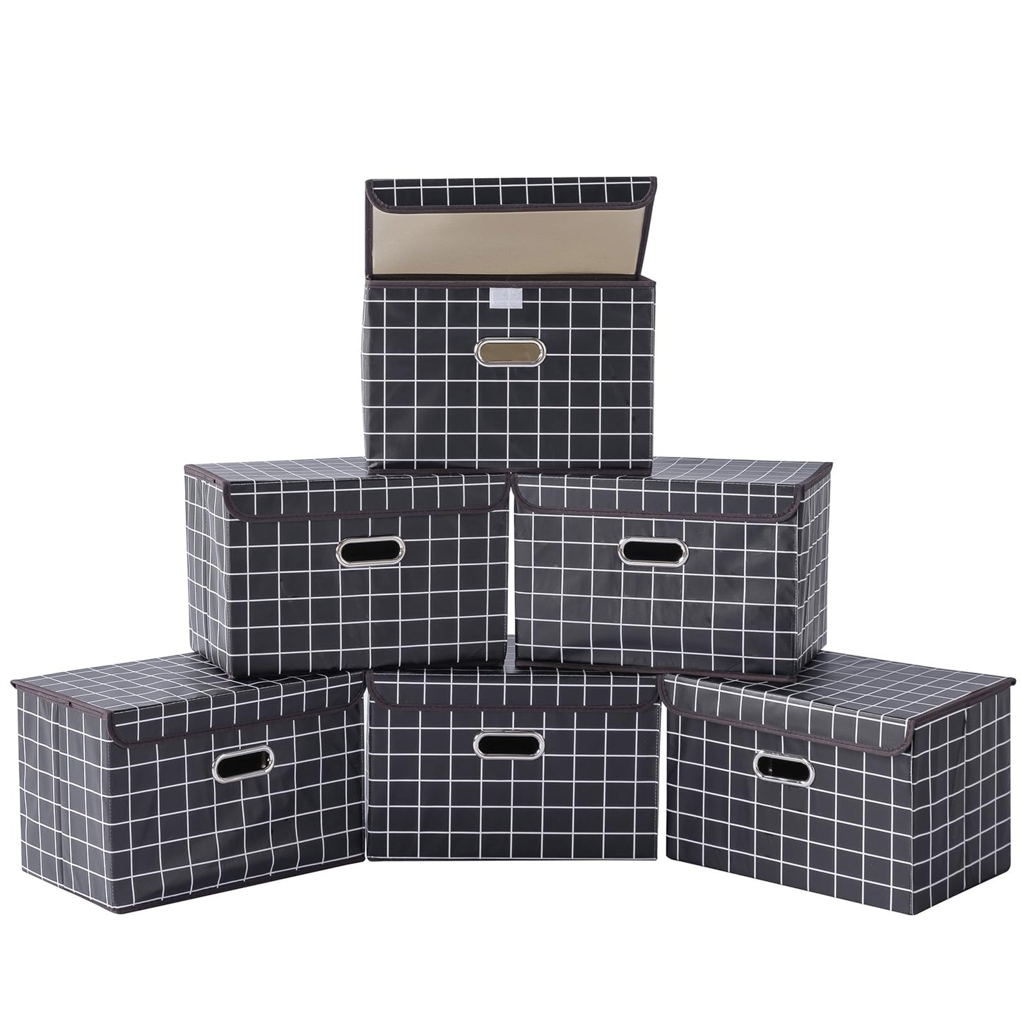 STOREONE Fabric Storage Cube Bins Foldable Organizer Container Collapsible Basket with Lids and Metal Handles, for Home, Bedroom, Closet (Black, 3 Pcs)