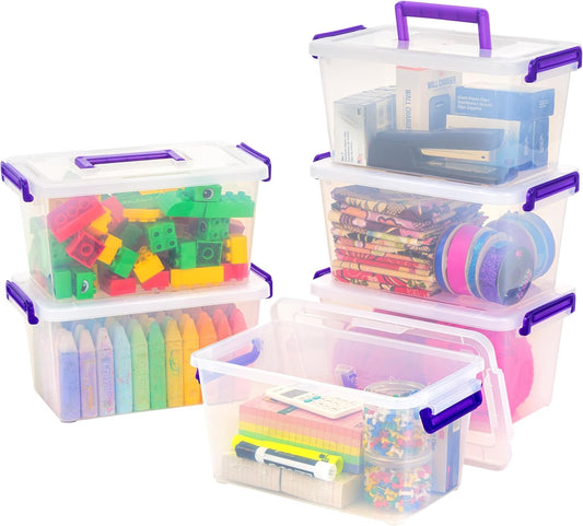 IRIS USA Storage Bins with Lids |Made in USA| 5 Qt - (6-Pack) - Clear | Built-In Handle Tote / Plastic Containers for Crafts, Art, Office & Study Supplies / Interlocking Latches