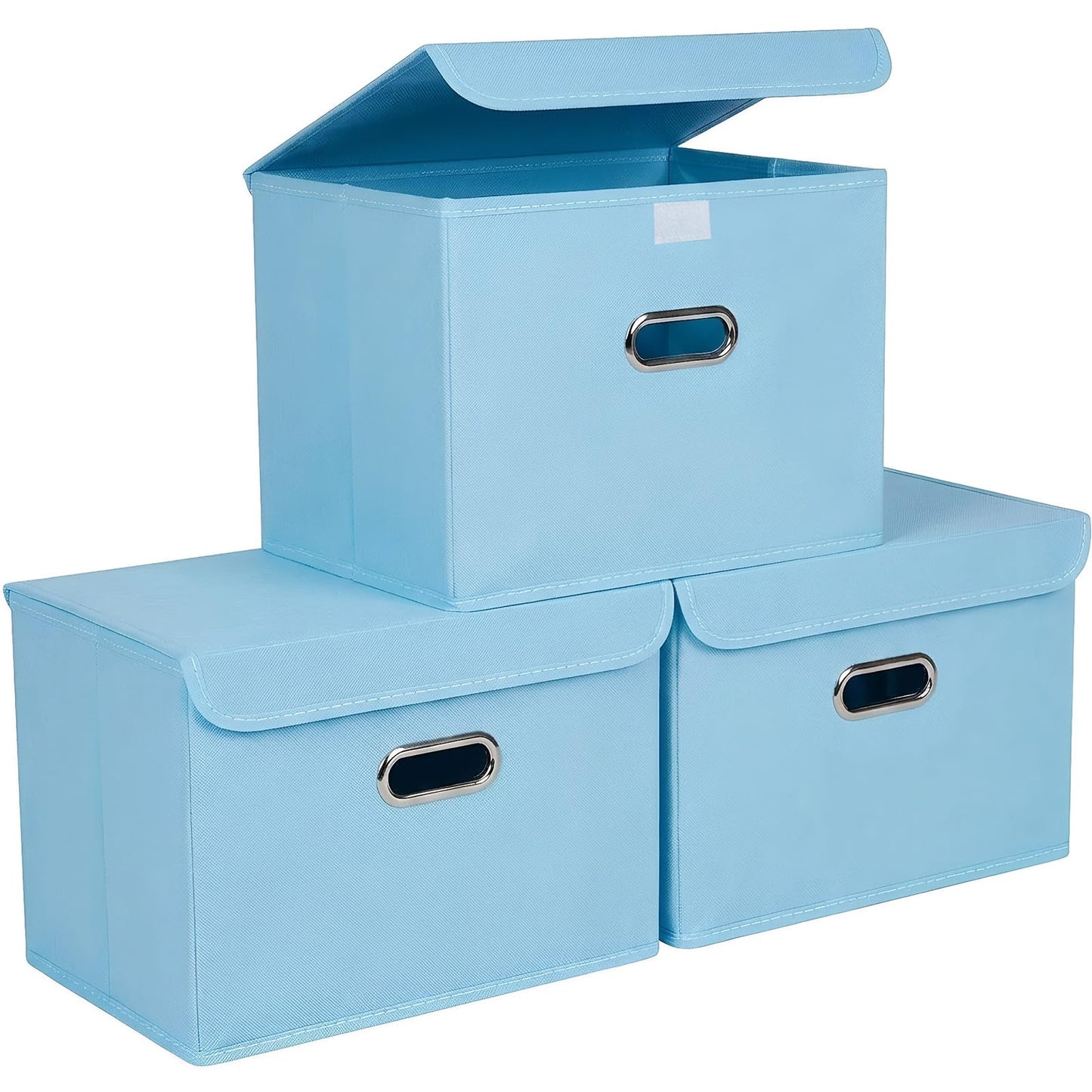 STOREONE Fabric Storage Cube Bins Foldable Organizer Container Collapsible Basket with Lids and Metal Handles, for Home, Bedroom, Closet (Black, 3 Pcs)