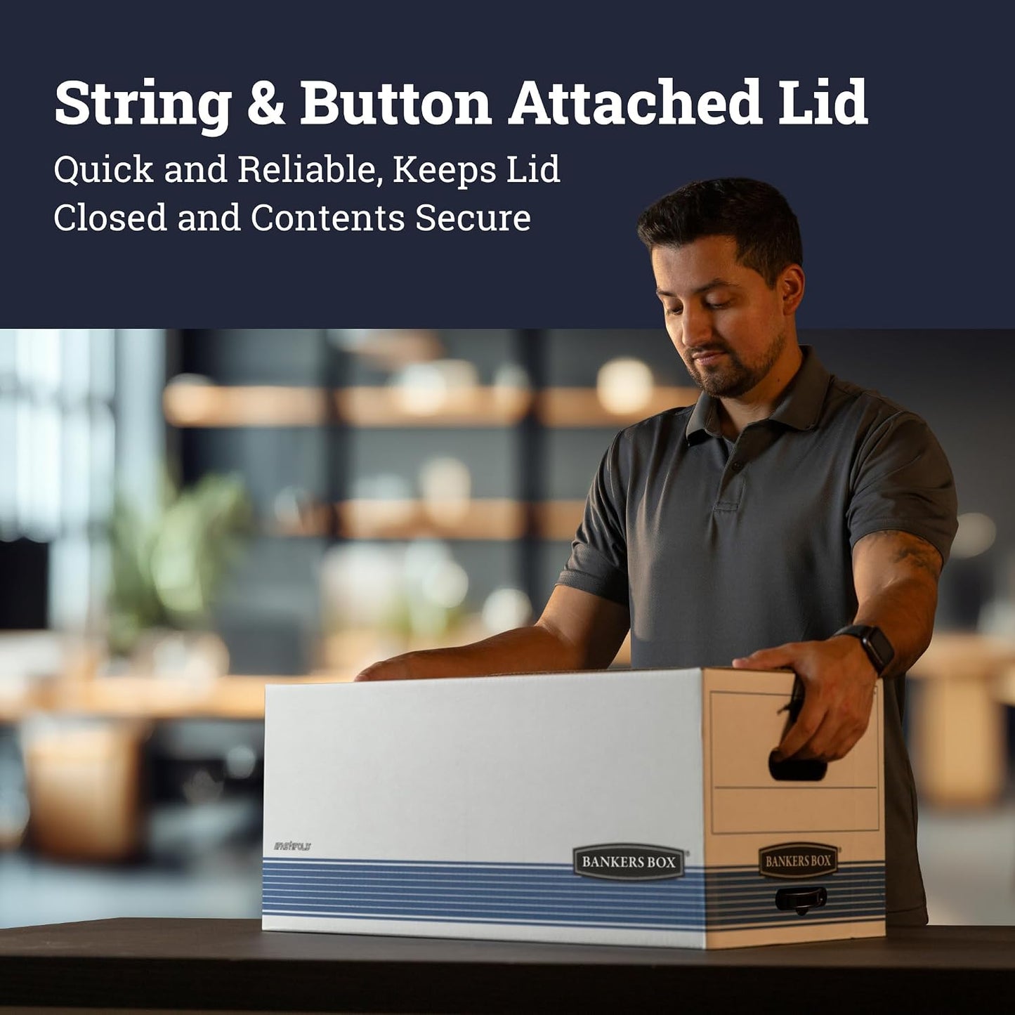 Bankers Box 12-Pack String & Button Medium-Duty File Box, Letter, FastFold | Keep important records buttoned up with secure closure, FastFold setup, reinforced handles, and stackable strength.