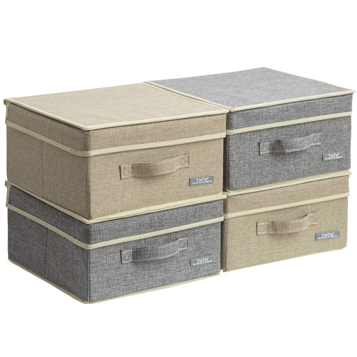 YueYue Fabric Storage Bins with Lids Small 4 Pack, Linen Foldable Storage Box with lids 4 Color Set 12.4in/12in/6.7in