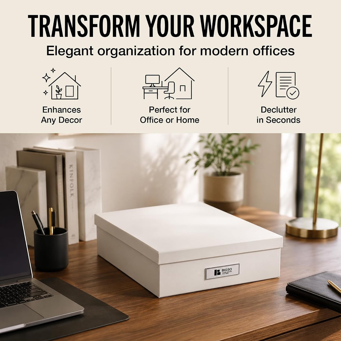 Bigso Oskar Fiberboard Label Frame Document Letter Box - File Organizer Box for Important Paperwork - Durable Document Storage with a Lid & Metal Label Window - 3.3 in x 10.2 in x 13.8 in - White
