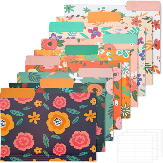 EOOUT 9pcs Decorative File Folders Letter Size, 1/3-Cut Tabs Plastic File Folders for Documents with Colorful Floral Patterns and Erasable Category Labels for Notes Office and School Supplies