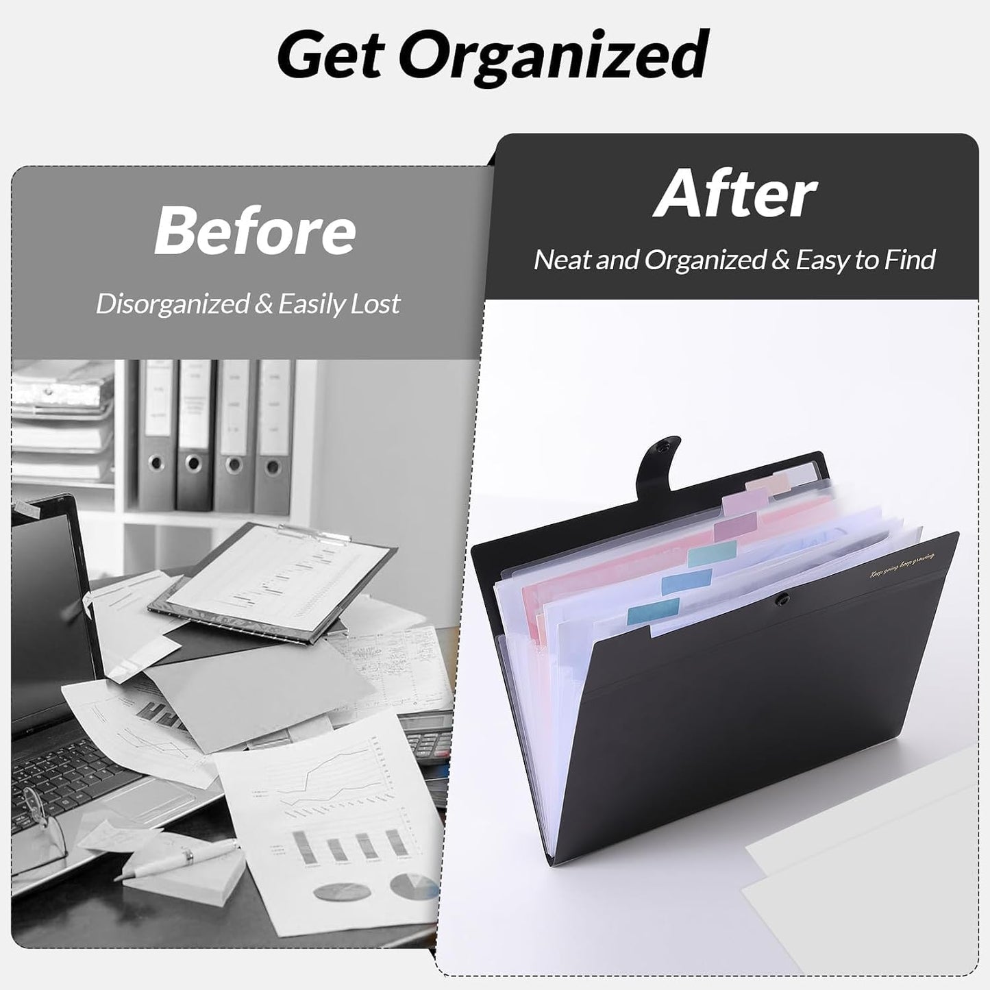 SKYDUE Accordion File Organizer, Expanding File Folder with 8 Pockets, Portable Document Paper Organizer, Letter/A4 Size Filing Folder，School Office Supplies Hospital Bag Essentials Black