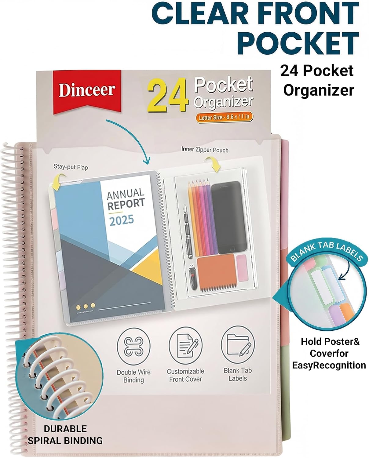 24 Pocket Spiral Project Organizer Folder, Morandi Color Multi Pocket Folder with Inner Zipper Pouch for School, Office, Bills and Documents