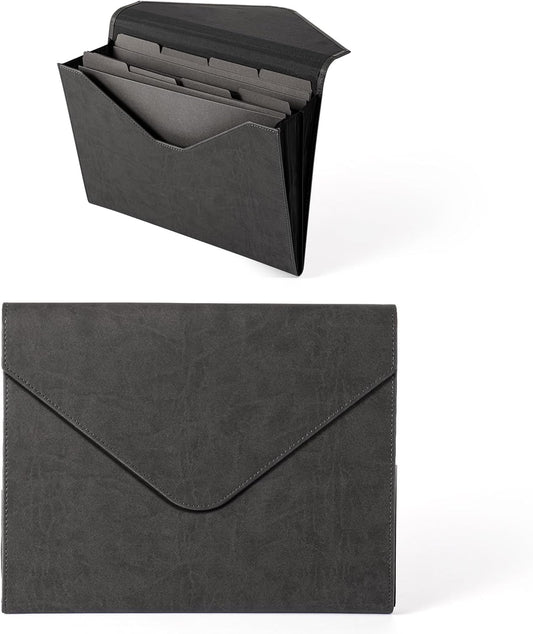 PU Leather Heavy-Duty Expanding File Folder, A5/US Letter Size Document Organizer with 8 Paper File Folder, 4-1/2 Inch Expansion, Grey – for Office, Auto Shop, School Paperwork.