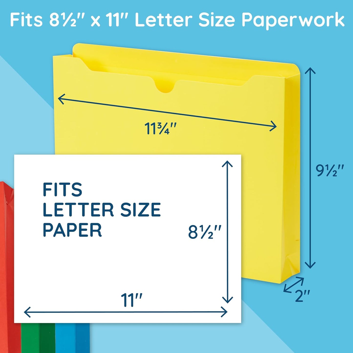 Blue Summit Supplies 25 Expandable File Folders, Letter Size, 2", Assorted | Expandable file jacket, reinforced straight cut tab, 2 in expansion pocket, for documents, invoices, and project filing
