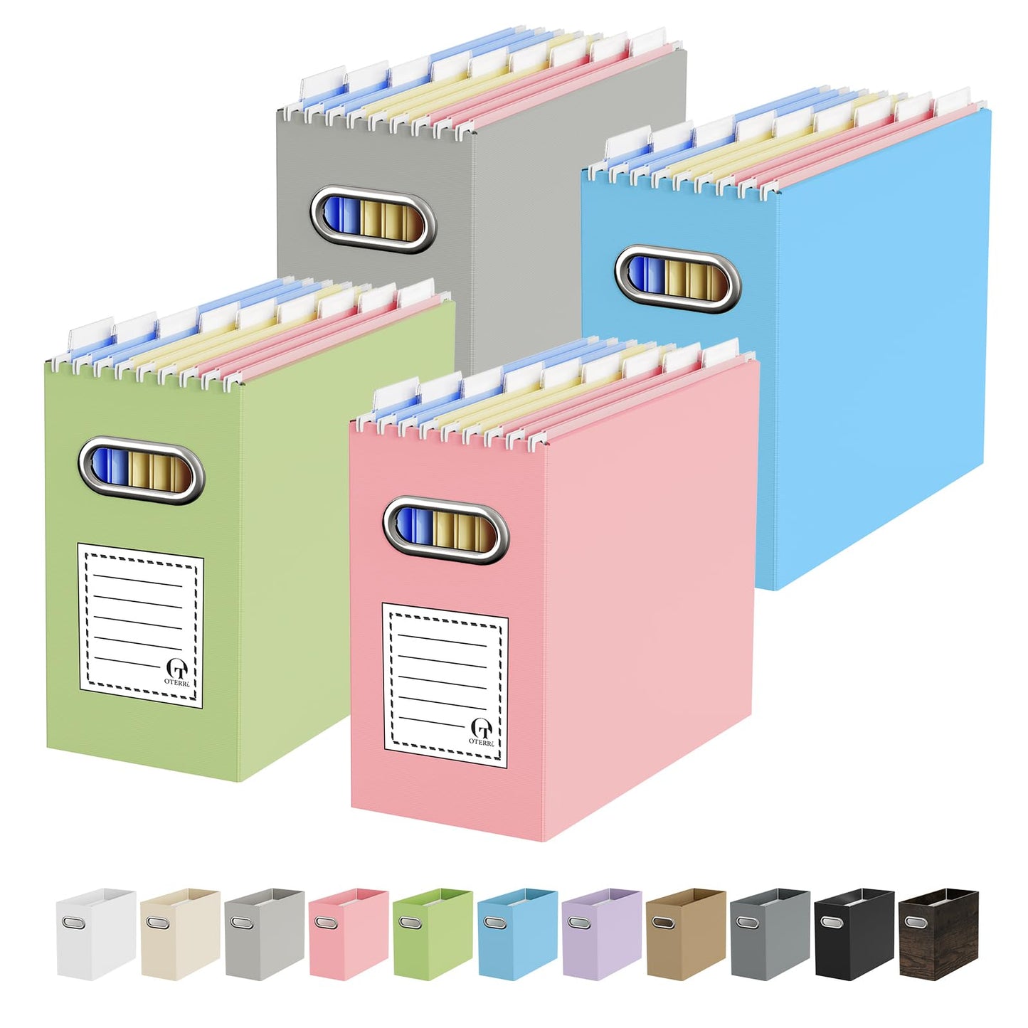 Portable Collapsible Cardboard File Box with Handle for Letter-Size | 4-Pack. Stainless Steel Handle. Label Stickers Included. Fits Letter Folders (Not Included). Home, Office, School, Dorm, Tax.