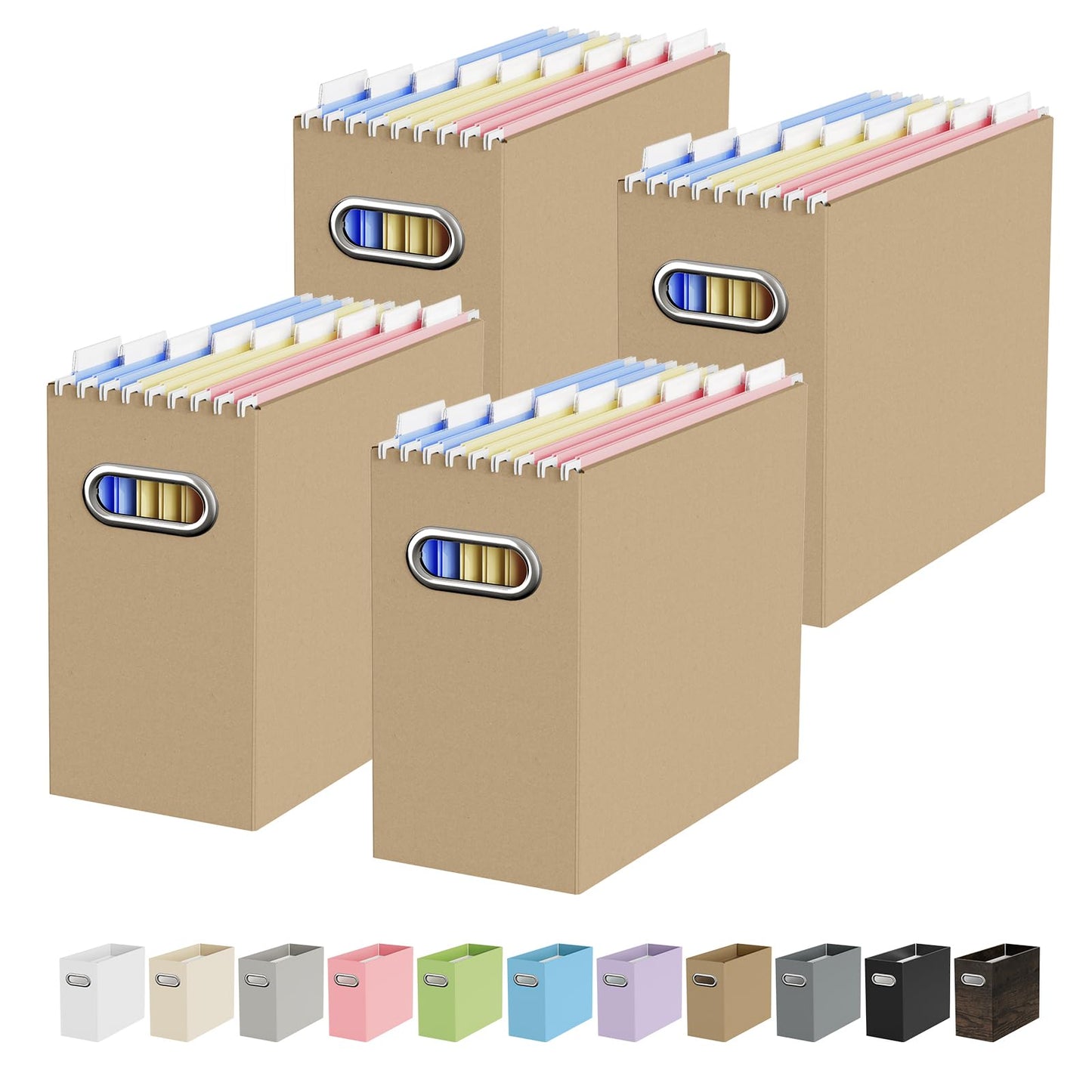 Portable Collapsible Cardboard File Box with Handle for Letter-Size | 4-Pack. Stainless Steel Handle. Label Stickers Included. Fits Letter Folders (Not Included). Home, Office, School, Dorm, Tax.