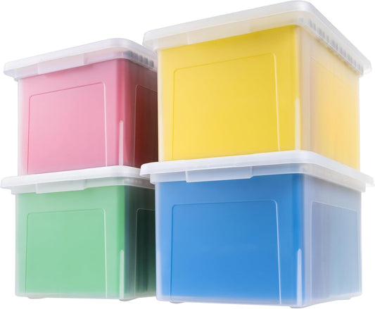 IRIS USA File Box, Plastic File Organizer with Lids for Letter/Legal File, Portable Document Box For Moving, Storage Bin with Durable and Secure Lid, Stackable Nestable BPA-Free, Clear 35 Qt. 4 Pack | Portable Moving Box, Stackable and Secure Storage, Dur